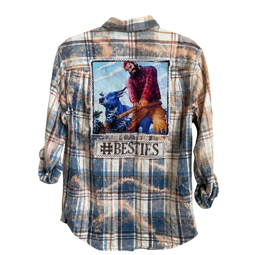 Angry Minnow Vintage Flannel Shirt Small Blue Orange Plaid Paul Bunyan Besties